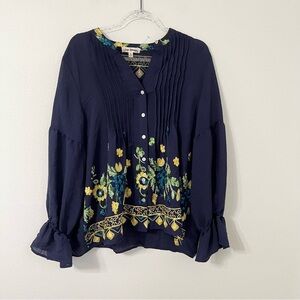Hope springs Navy Button Up Blouse with Embroidered Floral Print Size XL